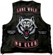 lone-wolf-leather-vest And there you have it. You can patch out your vest with a bunch of different patches you can buy from my store. Here Lone Wolf top rocker. Wolf in the center. No Club bottom rocker and two saying patches on the sides