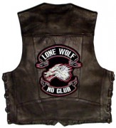 lone-wolf-no-club-patch-leather-vest Here is the size of this large lone wolf no club patch put over a vest. I took this photo to show you the relative size of this patch.
