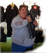 And he finally smiles for the camera. Scott's got some nice selection of leather in his booth and a sewer on duty as well ready to tailor fit and customize your purchases.