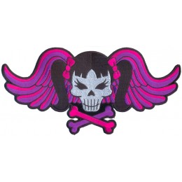 Pigtails bow Skull and wings large pink patch