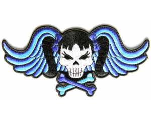 Pigtails Bow Skull And Wings Small Blue Patch | Embroidered Patches