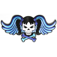 Pigtails Bow Skull And Wings Large Blue Patch | Embroidered Patches
