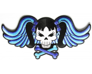 Pigtails Bow Skull And Wings Large Blue Patch | Embroidered Patches