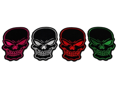 Black Skulls with Red White Green and Pink Embroidery set of 4 Patches