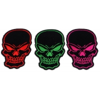 Colorful Black Skulls with Pink Green and Red Embroidery set of 3 Patches