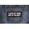 I love My Mom She is The Best Iron on Morale Patch shown on jeans