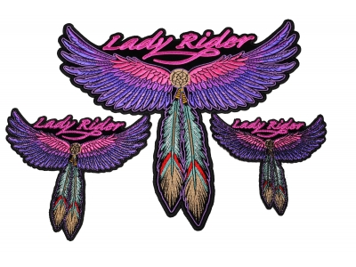 Lady Rider Pink Wings and Feathers Small Medium and Large set of 3 Patches