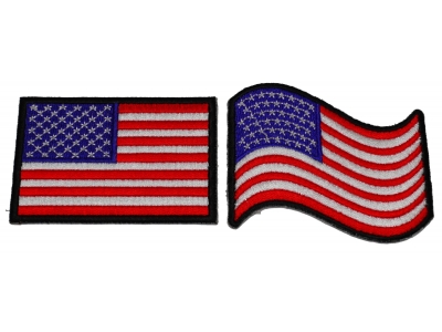Set of 2 Black Border US Flag Patches Rectangular and Waving