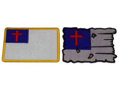 Set of 2 Christian Flag Patches Tattered and Regular