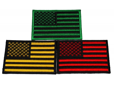 Set of 3 American Flag Patches in Green Yellow and Red Stripes and Stars