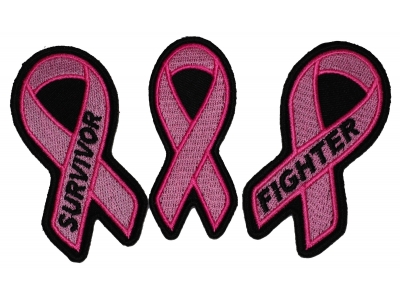 Set of 3 Pink Ribbon Patches Fighter and Survivor and Plain