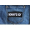 Mommy's Boy Patch shown on jeans