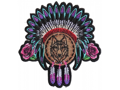 Ladies Native Head Dress Roses and Wolf Patch