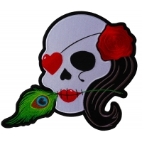 Lady Sugar Skull With Pink Rose And Feather Large Patch Lady Sugar Skull With Pink Rose And Feather Large Patch