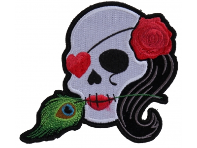 Lady Sugar Skull With Pink Rose And Feather Small Patch