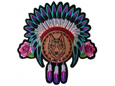 Native Head Dress Roses and Wolf Ladies Back Patch