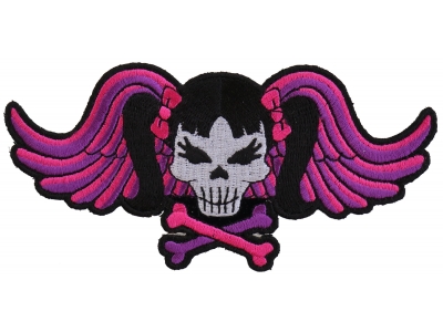 Pigtails Bow Skull And Wings Small Pink Patch | Embroidered Patches