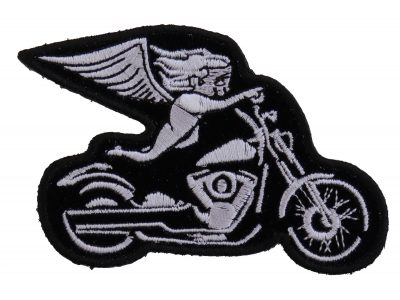 White Biker Angel On Motorcycle Patch | Embroidered Biker Patches