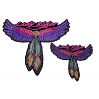 Lady Rider 2 Piece Front And Back Patch Set With Pink And Purple Wings And Feathers