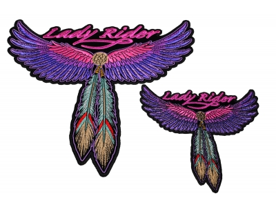 Lady Rider 2 Piece Front And Back Patch Set With Pink And Purple Wings And Feathers