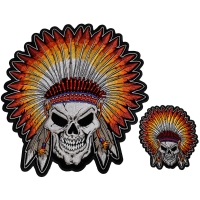 Native Indian Head Dress Skull 2 Piece Front And Back Embroidered Patch Set