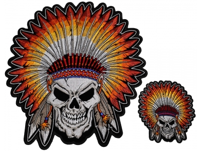 Native Indian Head Dress Skull 2 Piece Front And Back Embroidered Patch Set
