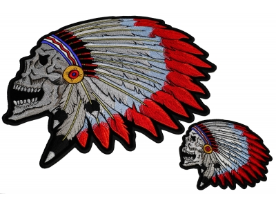 Native Indian Skull Patches With Head Dress Small And Large Set