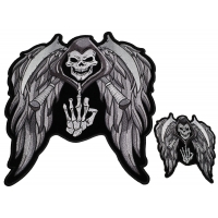 Reaper Skull With Sickle And Wings Small And Large Biker Patch Set