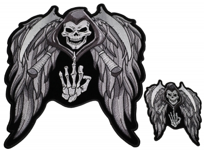Reaper Skull With Sickle And Wings Small And Large Biker Patch Set