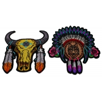 Set of 2 Native Design Wolf and Buffalo Patches with Feathers