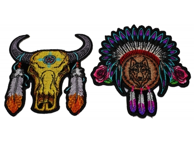 Set of 2 Native Design Wolf and Buffalo Patches with Feathers