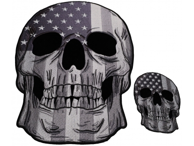 Set of 2, 1 Small and 1 Large American Flag Skull Grayscale Patches