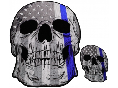 Set of 2 Small and Large Blue Line Police Skull Patches
