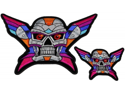 Set of 2 Small and Large Colorful Robot Skull Patches