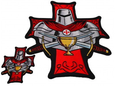 Set of 2 Small and Large Crusader Knight Patches with Holy Grail
