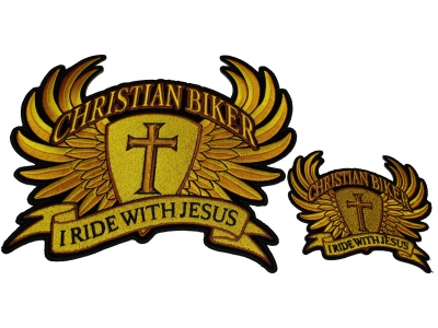 Set of 2 Small and Large Gold Christian Biker Patches