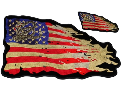 Set of 2 Small and Large Vintage American Flag Patches with Gadsden Snake