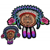 Set of 2 Small and Large Wolf with Indian Head Dress and Pink Flowers and Feathers Patches