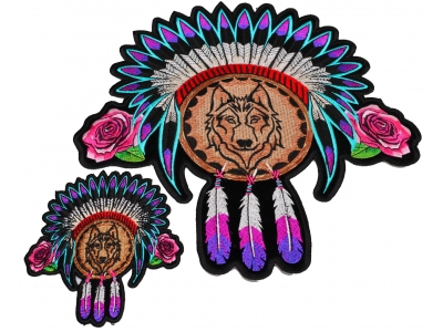 Set of 2 Small and Large Wolf with Indian Head Dress and Pink Flowers and Feathers Patches