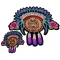 Set of 2 Small and Large Wolf with Indian Head Dress and Pink Flowers and Feathers Patches