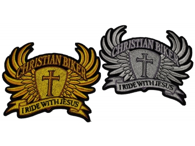 Set of 2 Small Christian Biker Patches in Silver and Gold