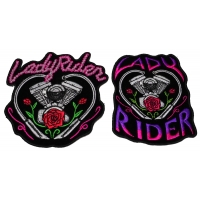 Set of 2 Small Lady Rider Patches with Motorcycle V Twin Engine