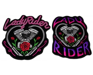 Set of 2 Small Lady Rider Patches with Motorcycle V Twin Engine