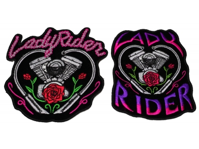 Set of 2 Small Lady Rider Patches with Motorcycle V Twin Engine