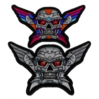 Set of 2 Small Robot Skull Patches Silver and Colorful