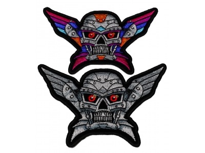 Set of 2 Small Robot Skull Patches Silver and Colorful