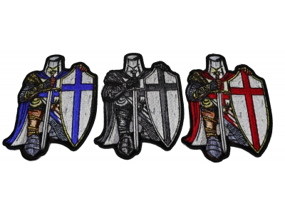 Set of 3 Kneeling Crusader Knight Patches in Blue Red and Gray