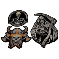 Set of 3 Skulls Patches Viking Biker and Grim Reaper