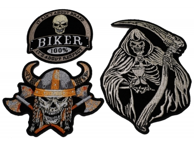 Set of 3 Skulls Patches Viking Biker and Grim Reaper