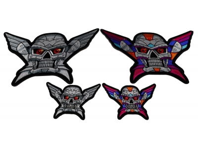 Set of 4 Small and Large Colorful and Silver Robot Skull Patches